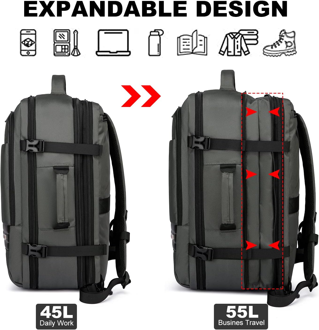 Expandable 45L–55L Water-Resistant Travel Backpack with 18" Laptop Compartment
