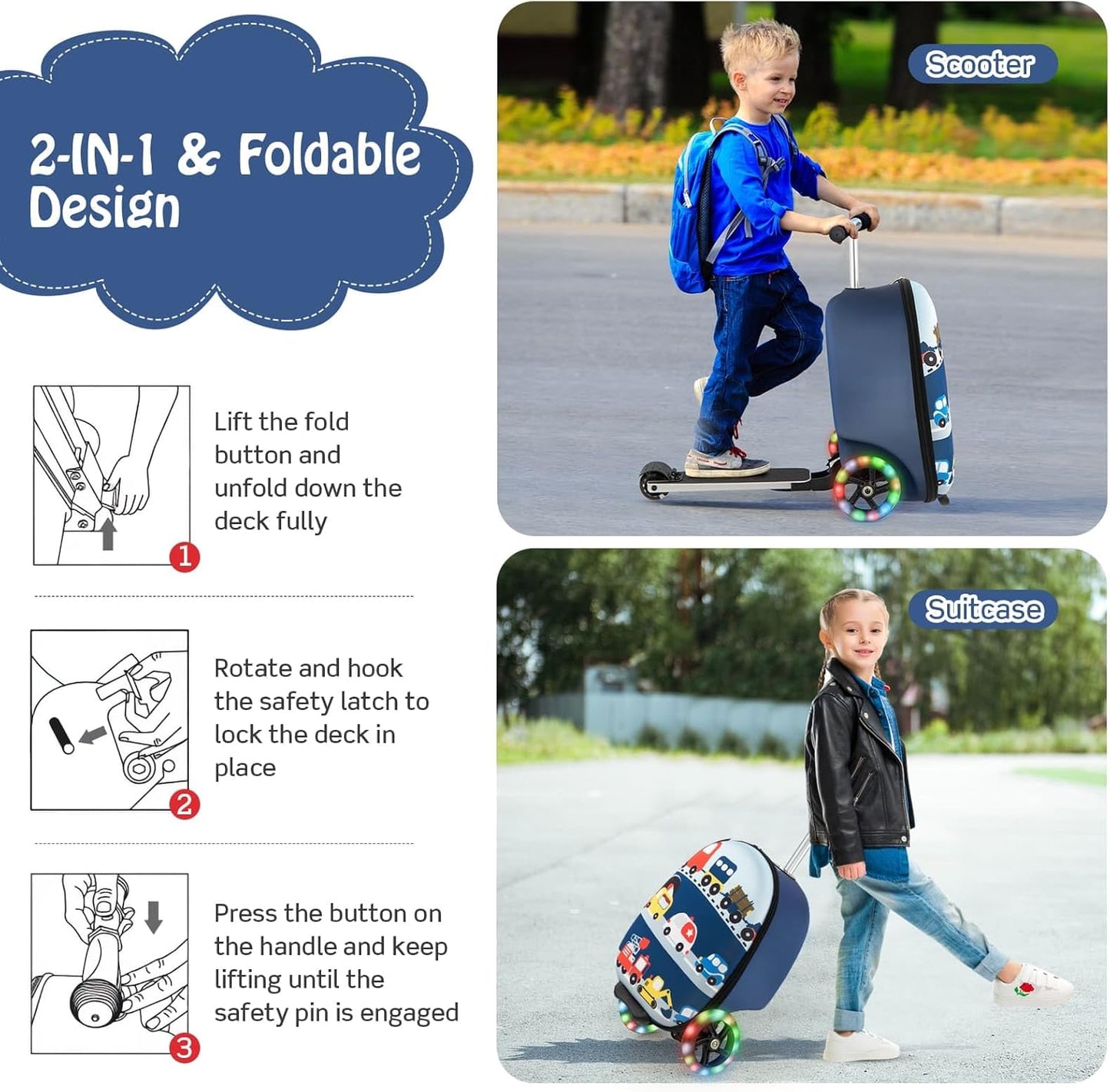 AA OUT OF STOCK Children’s 2-in-1 Ride-On Scooter Suitcase with LED Wheels
