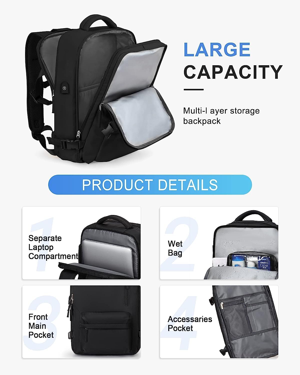 40L Waterproof Travel Backpack with Shoe Compartment & USB Port – 14” Laptop Fit