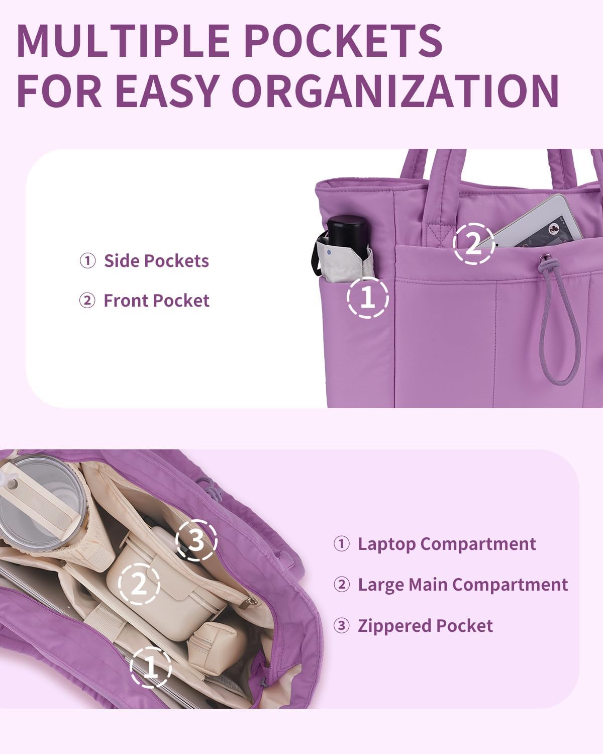 Quilted Puffer Tote with Cup Holder & Laptop Sleeve for Travel and Work