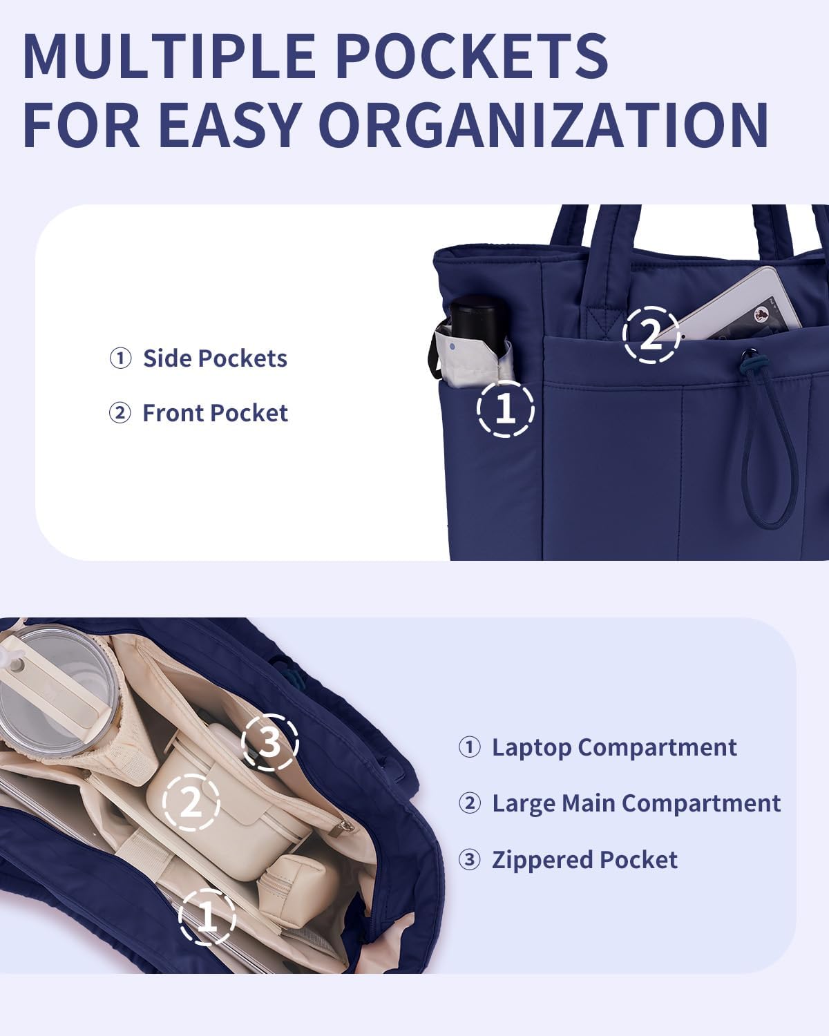 Quilted Puffer Tote with Cup Holder & Laptop Sleeve for Travel and Work