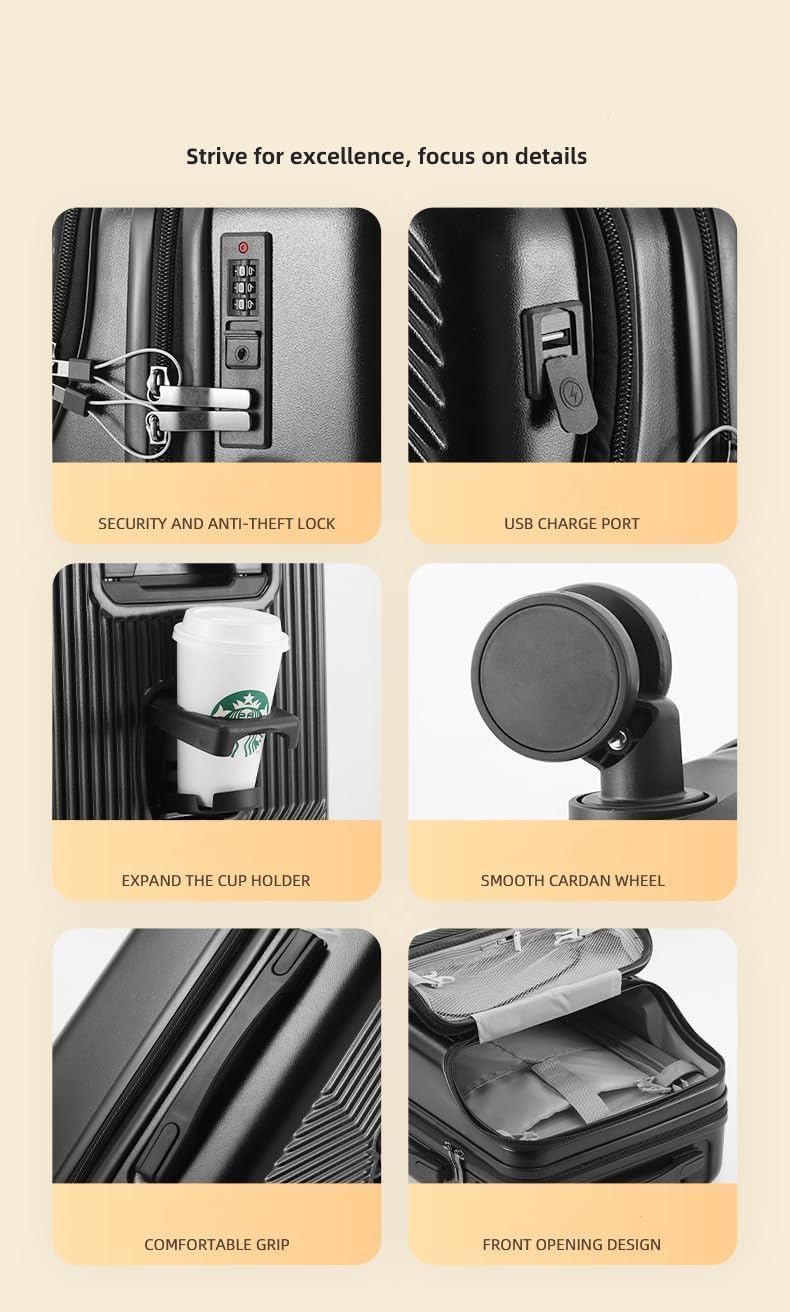 Hard Shell Carry-On with Cup Holder, USB Port & TSA Lock