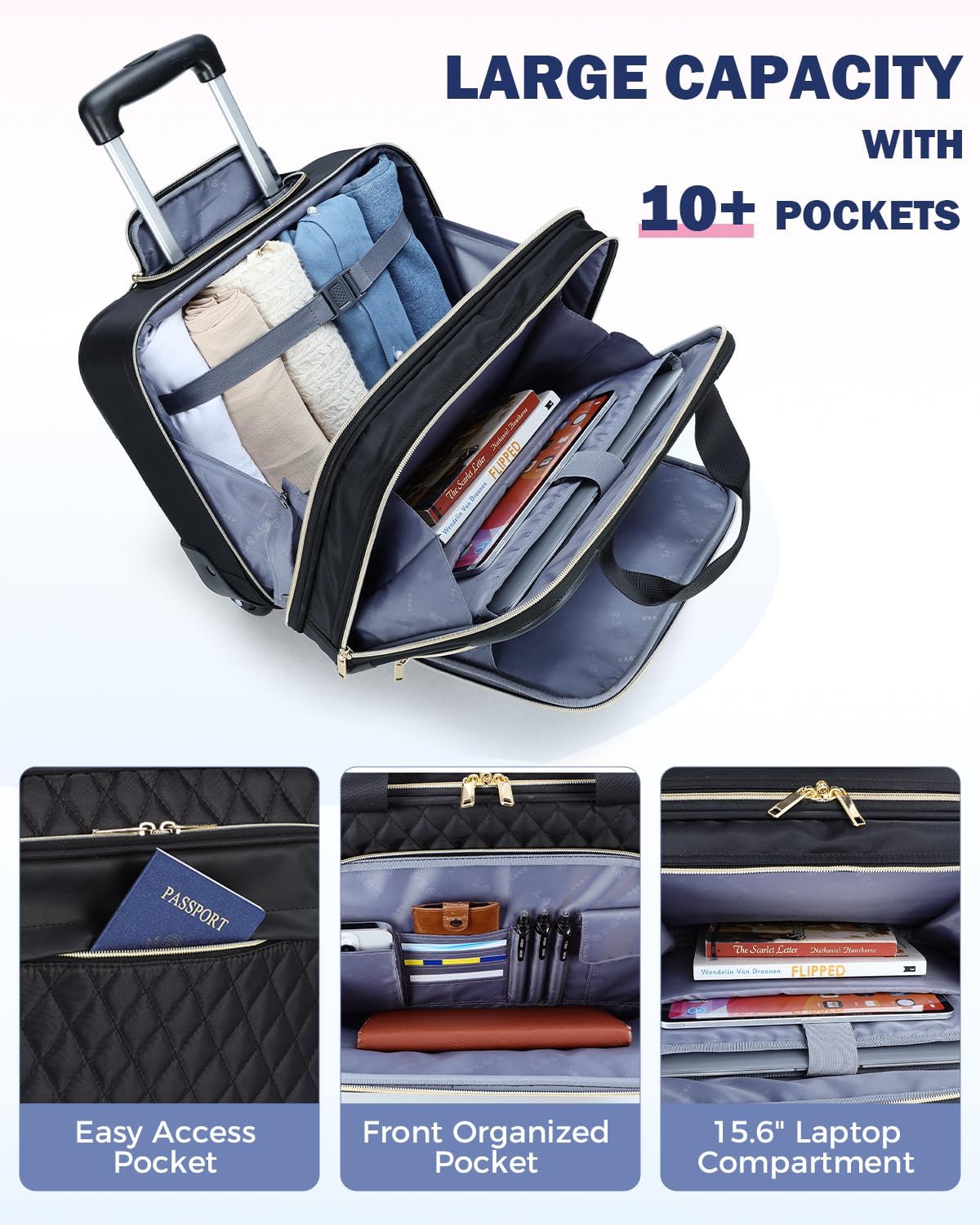 15.6" Rolling Laptop Bag with Multiple Compartments & Flight-Approved Size