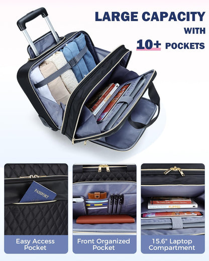 15.6" Rolling Laptop Bag with Multiple Compartments & Flight-Approved Size