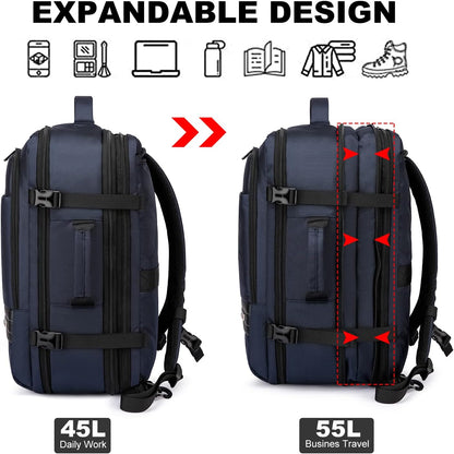 Expandable 45L–55L Water-Resistant Travel Backpack with 18" Laptop Compartment
