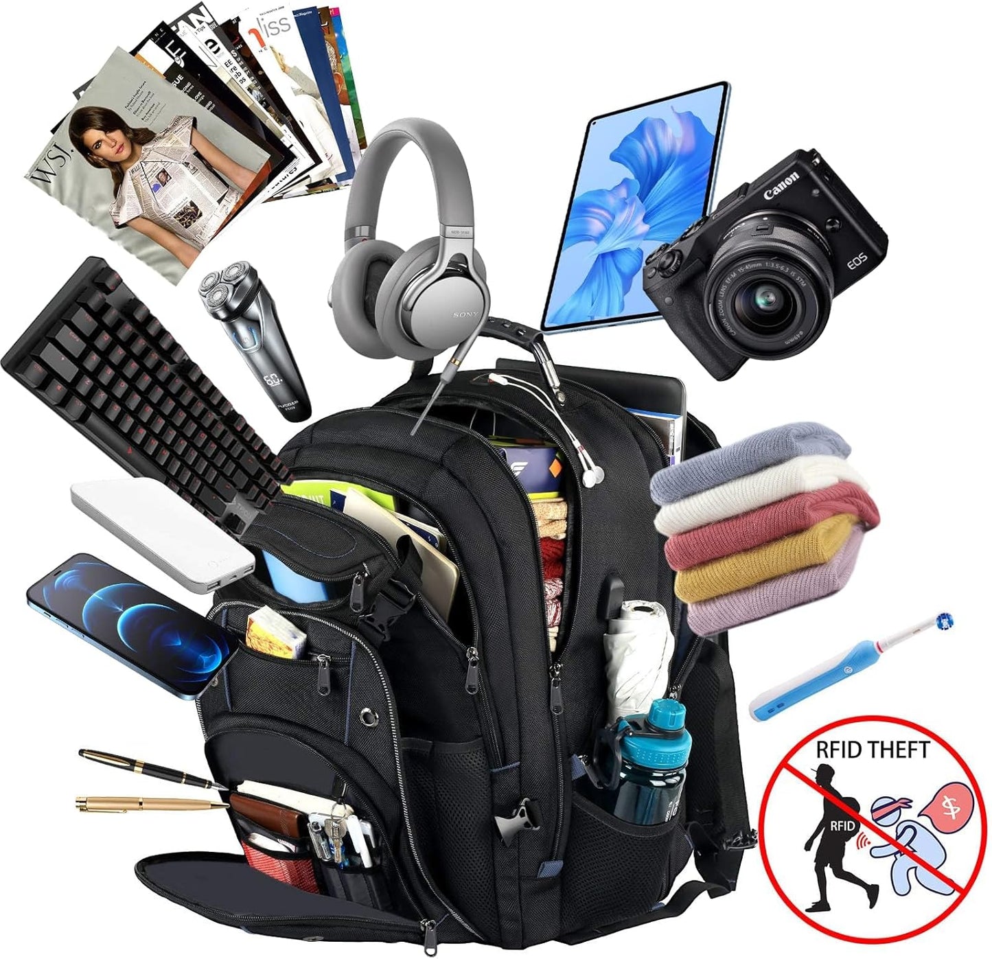 55L Extra-Large Travel Laptop Backpack with USB Charging and RFID Security