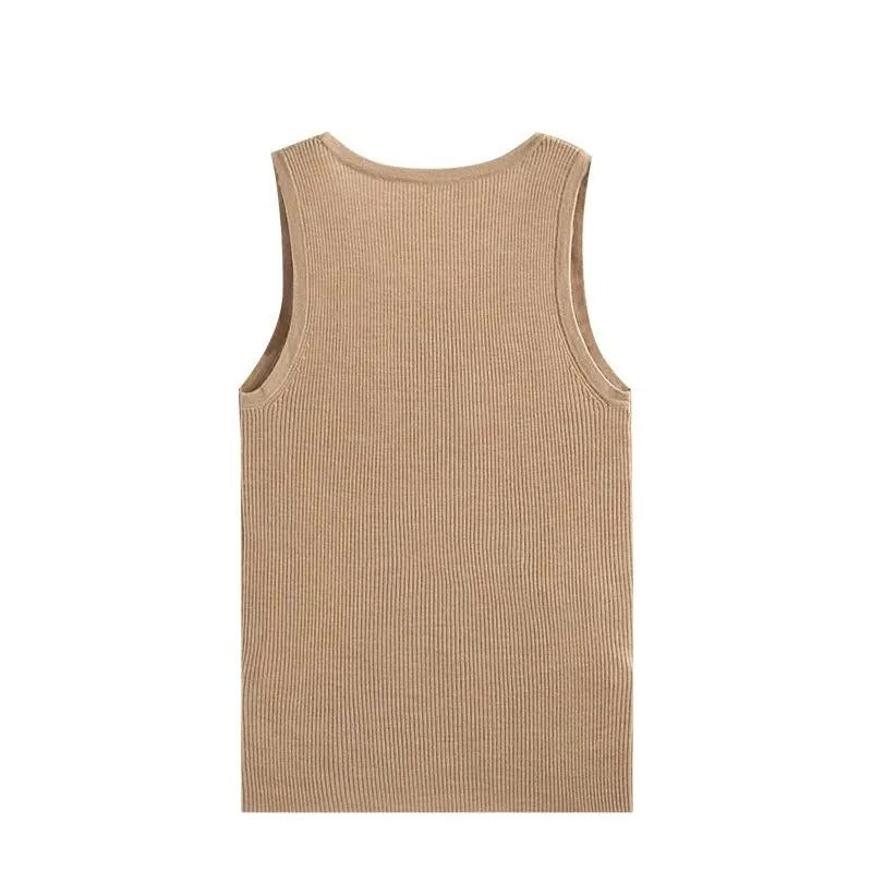 Beige ribbed sleeveless knit top