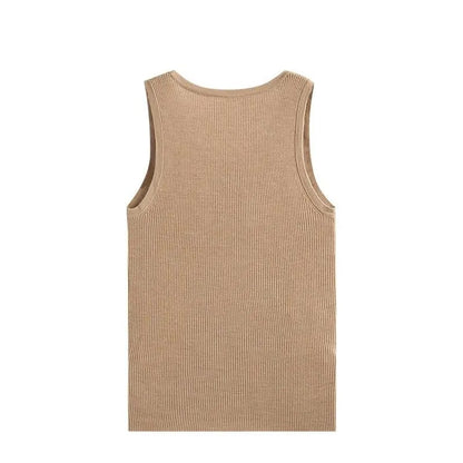 Beige ribbed sleeveless knit top