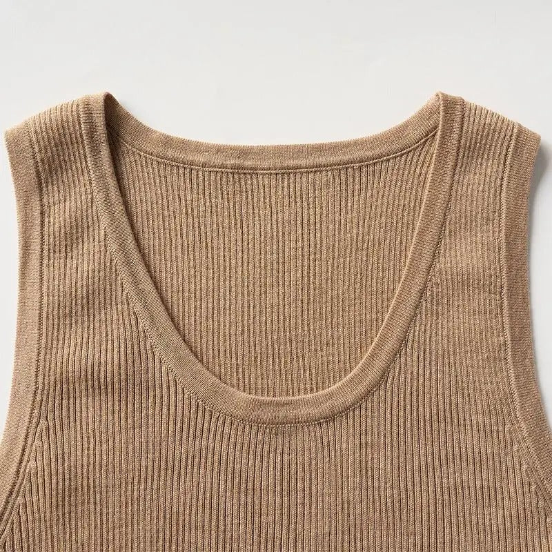 Beige ribbed sleeveless knit top
