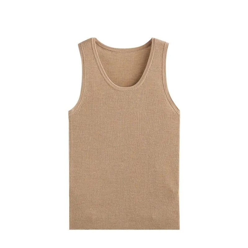 Beige ribbed sleeveless knit top