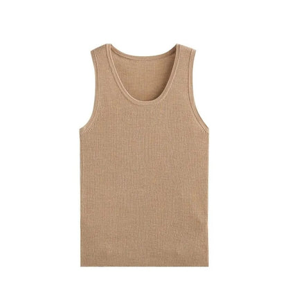 Beige ribbed sleeveless knit top