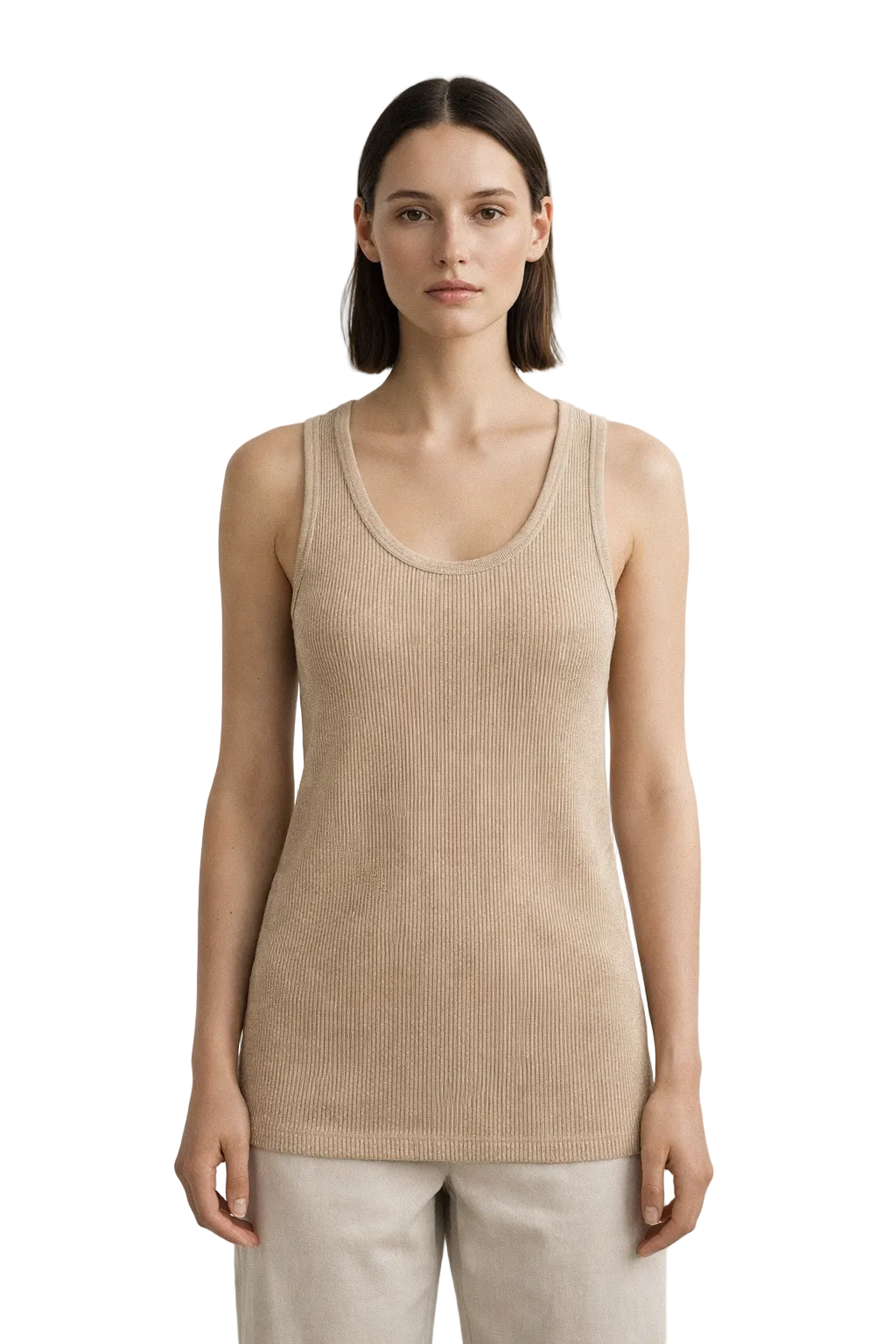 Beige ribbed sleeveless knit top