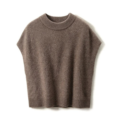 Brown sleeveless knitted vest with ribbed neckline