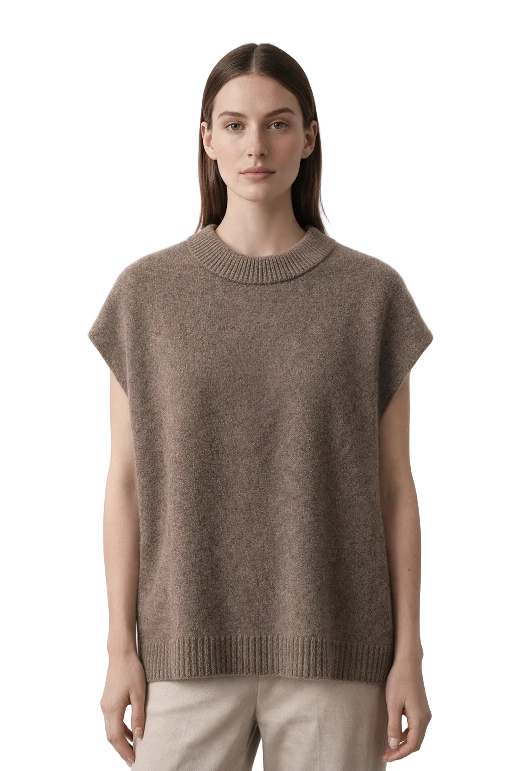 Brown sleeveless knitted vest with ribbed neckline