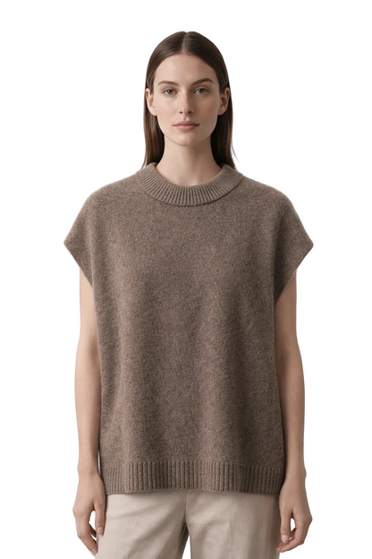 Brown sleeveless knitted vest with ribbed neckline