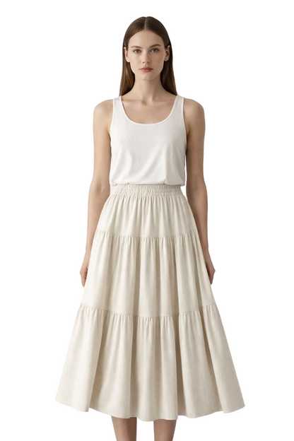 Cream tiered midi skirt with elasticated waistband