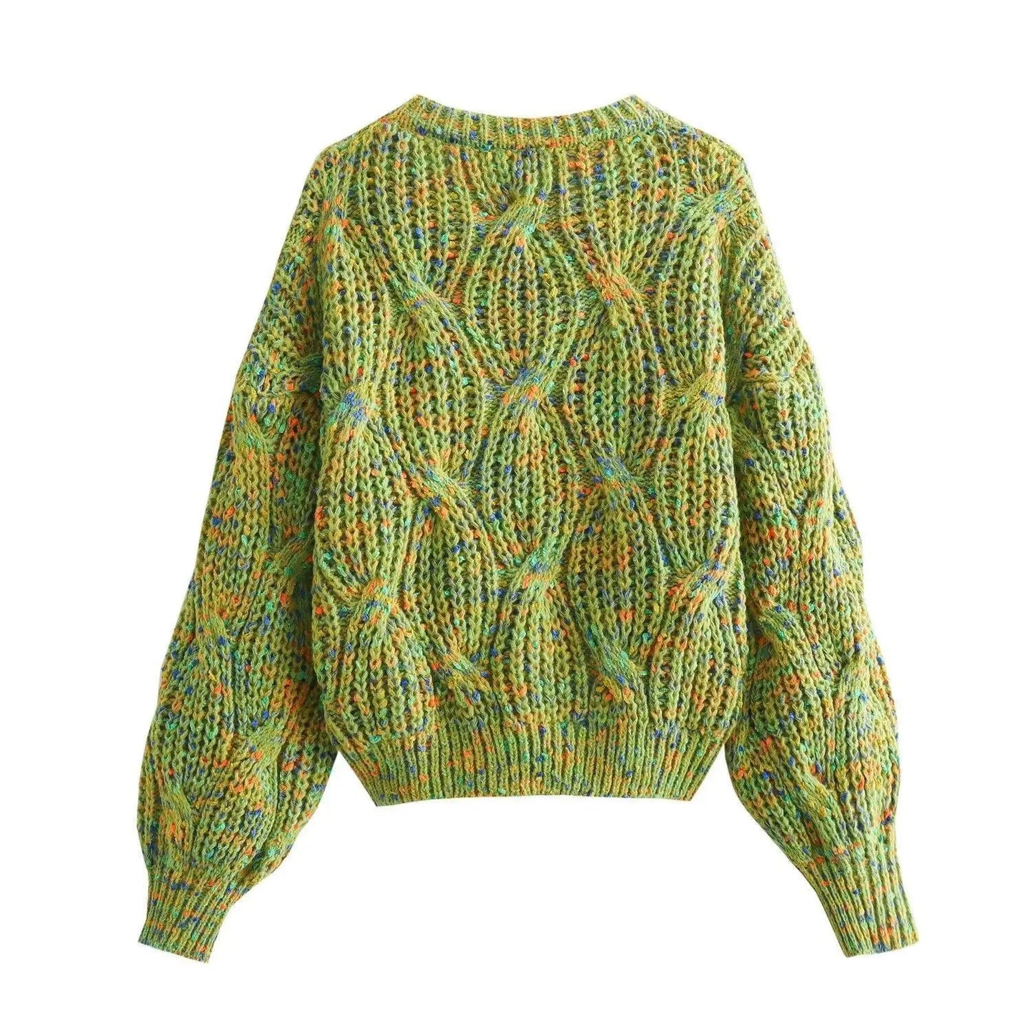 Green cable knit jumper with multicolour fleck detail