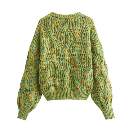 Green cable knit jumper with multicolour fleck detail