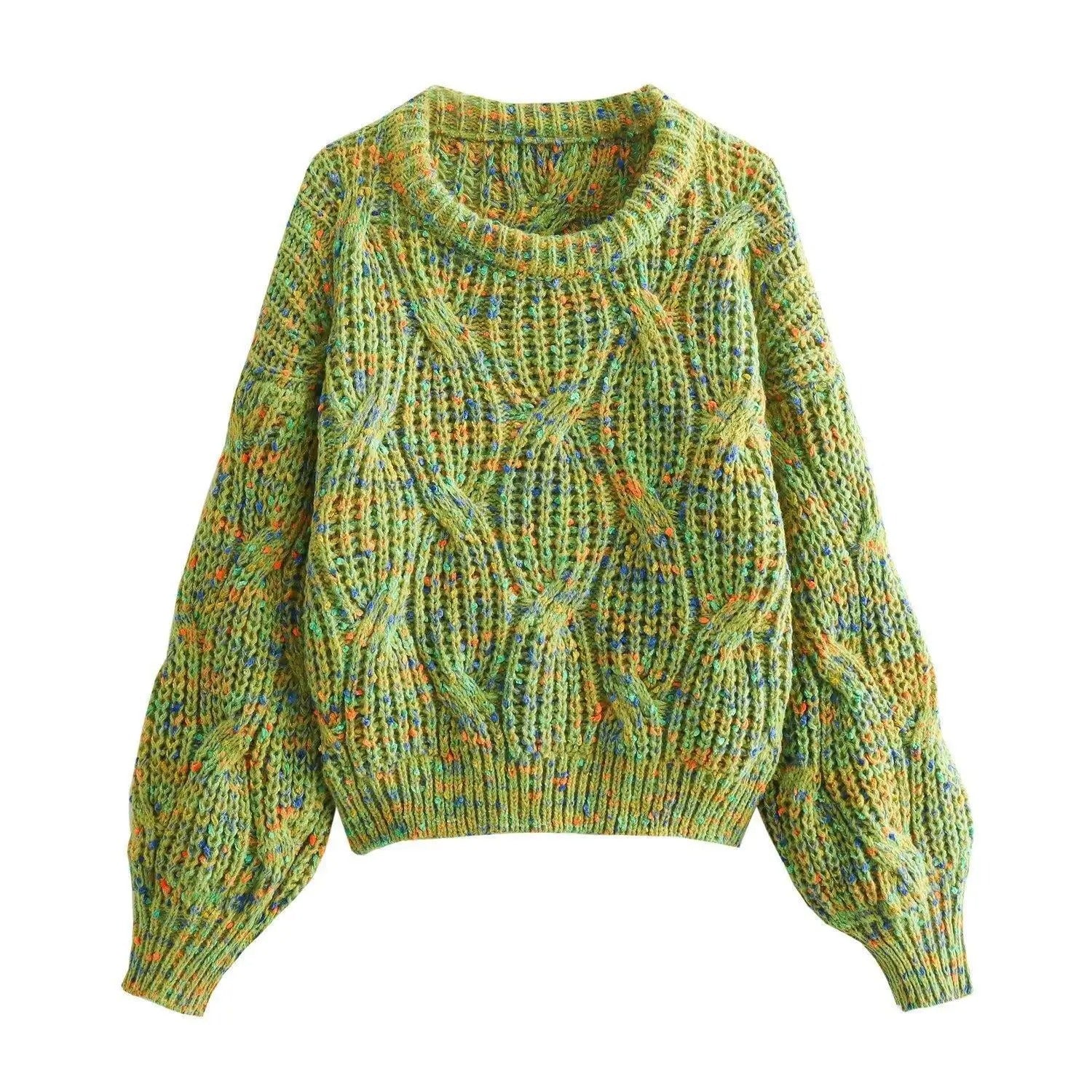 Green cable knit jumper with multicolour fleck detail