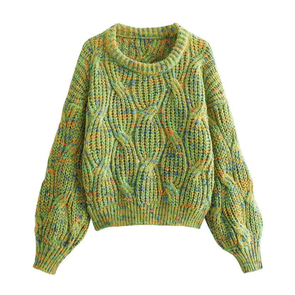 Green cable knit jumper with multicolour fleck detail