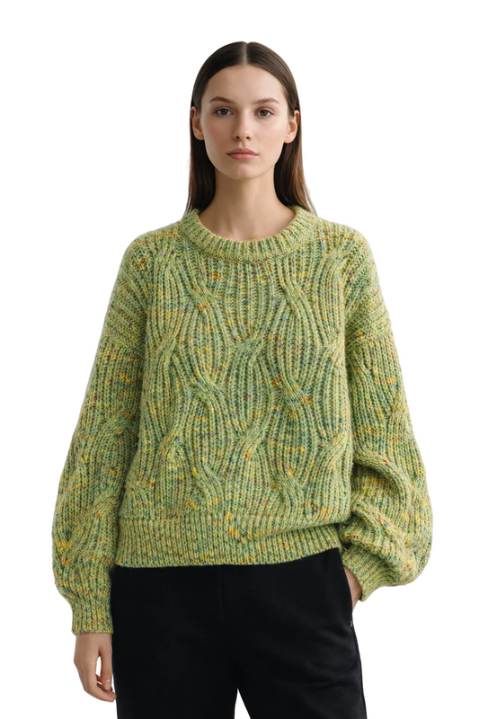 Green cable knit jumper with multicolour fleck detail