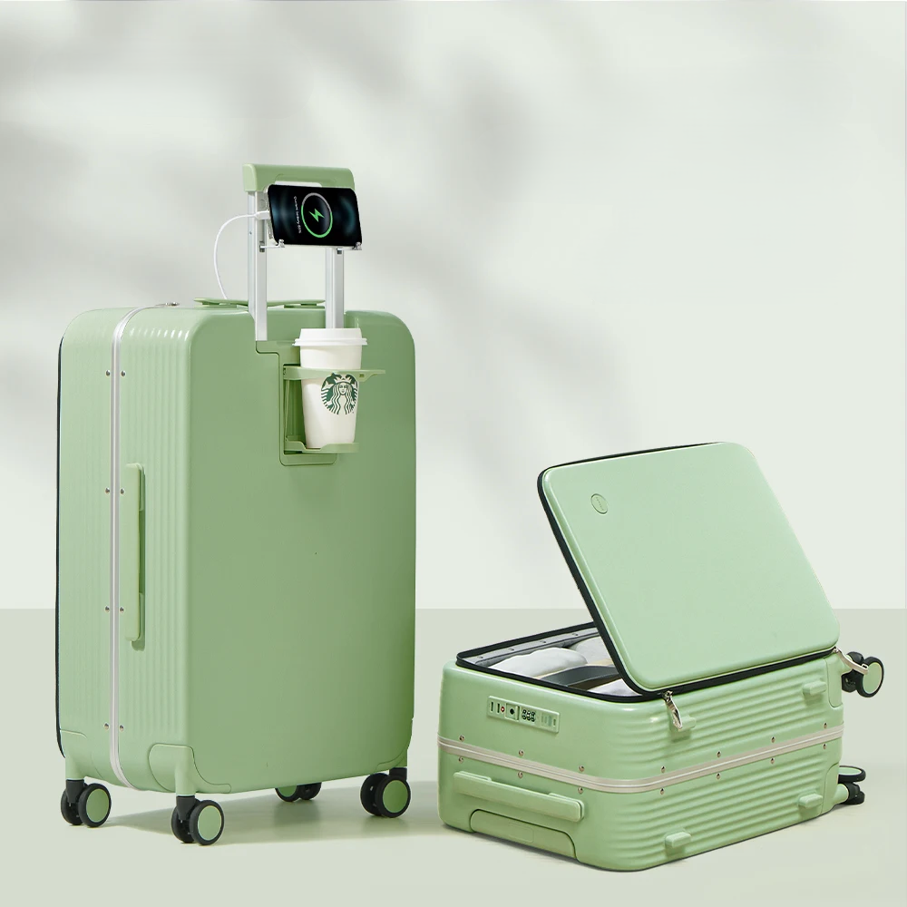 Aluminium frame hard shell suitcase with USB port – Turin-Green-S (42 L)-The Livary