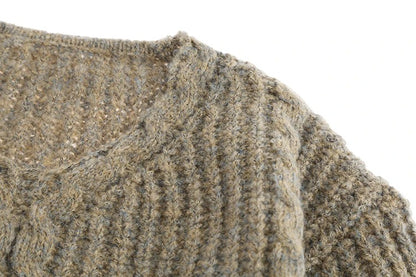 Taupe cable knit jumper with V-neckline
