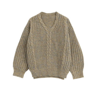Taupe cable knit jumper with V-neckline