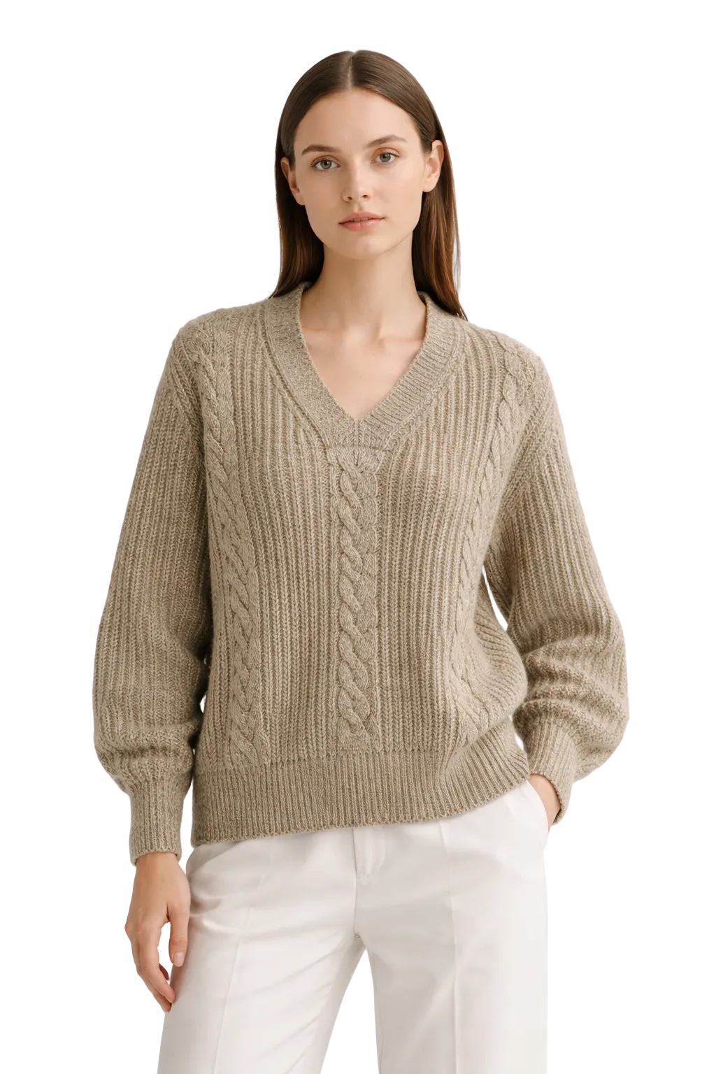 Taupe cable knit jumper with V-neckline