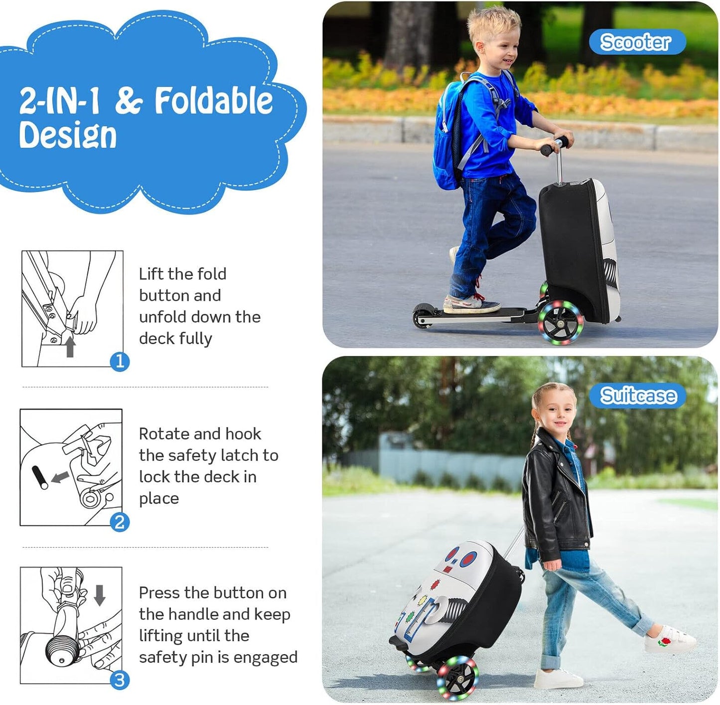 AA OUT OF STOCK Children’s 2-in-1 Ride-On Scooter Suitcase with LED Wheels