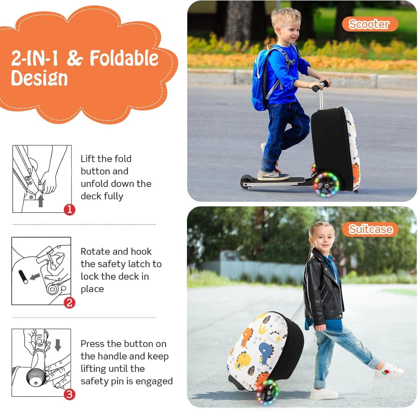 AA OUT OF STOCK Children’s 2-in-1 Ride-On Scooter Suitcase with LED Wheels