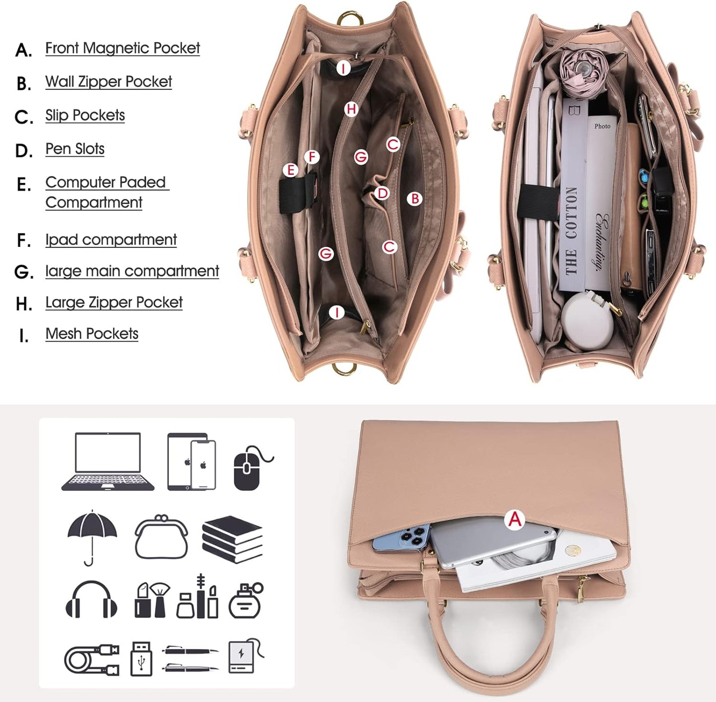 Waterproof PU Leather Laptop Tote Bag with Multi-Pocket Design for Women