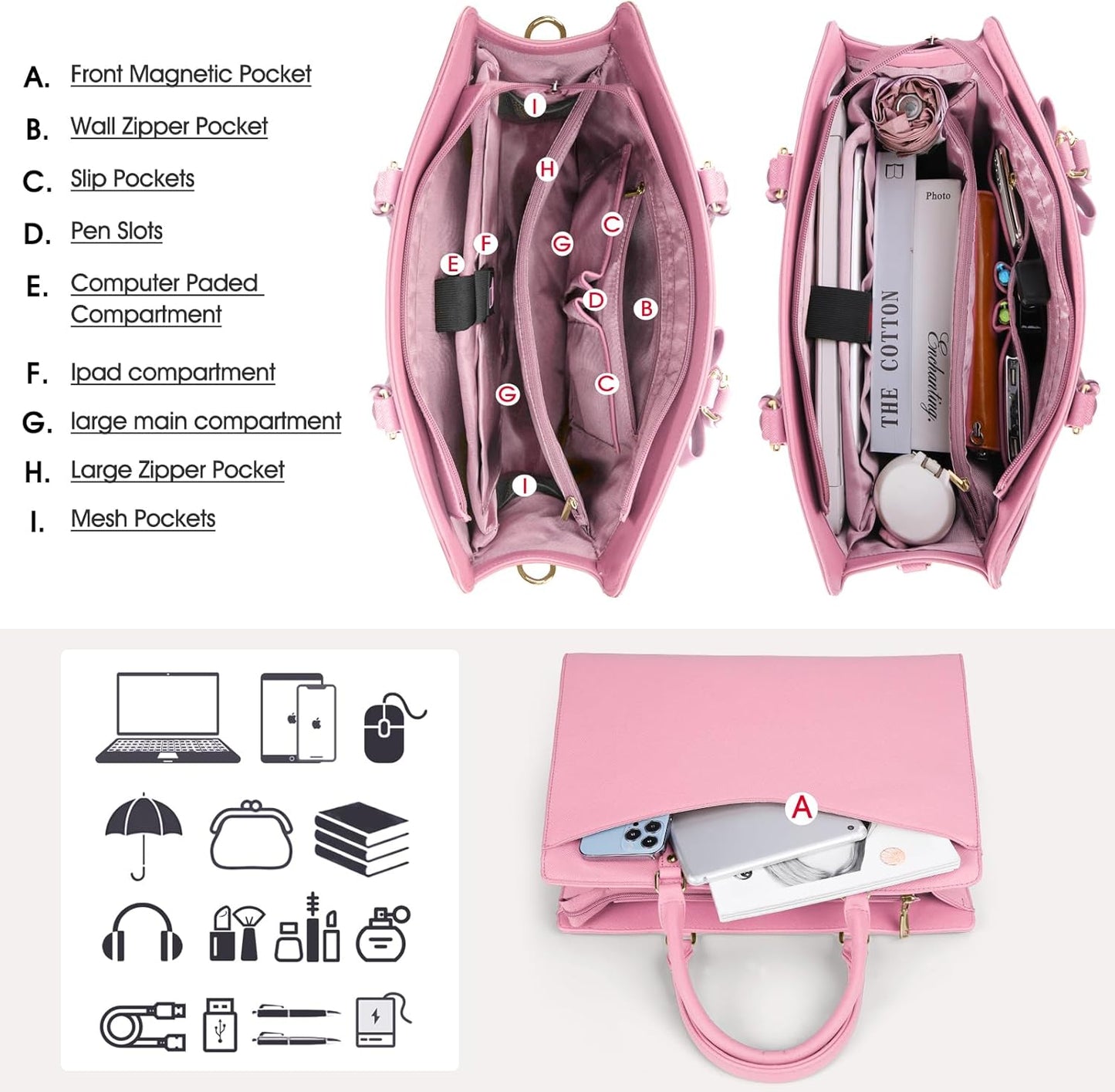 Waterproof PU Leather Laptop Tote Bag with Multi-Pocket Design for Women
