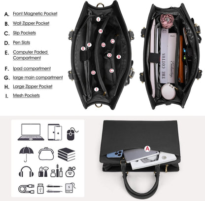 Waterproof PU Leather Laptop Tote Bag with Multi-Pocket Design for Women