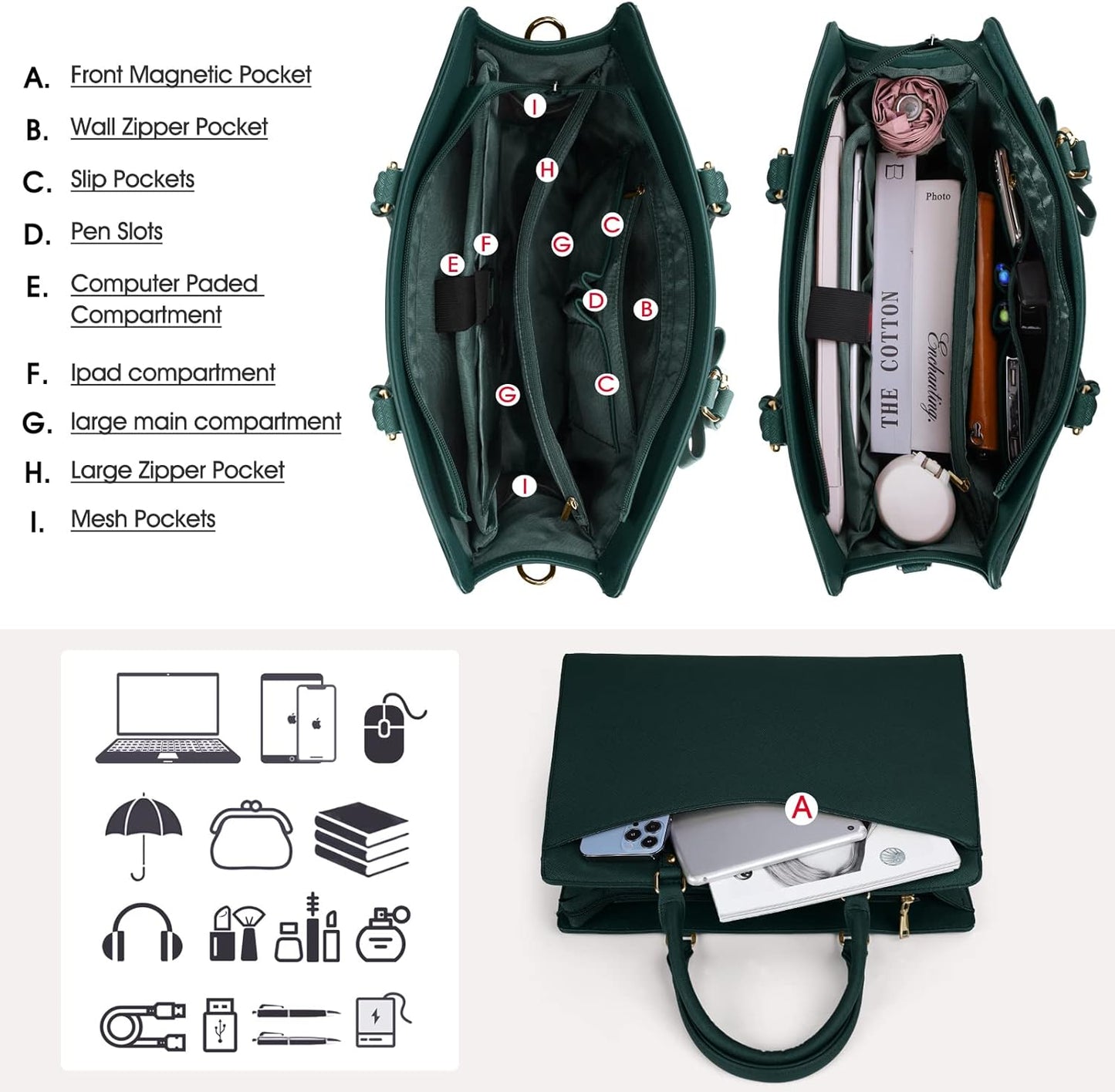 Waterproof PU Leather Laptop Tote Bag with Multi-Pocket Design for Women