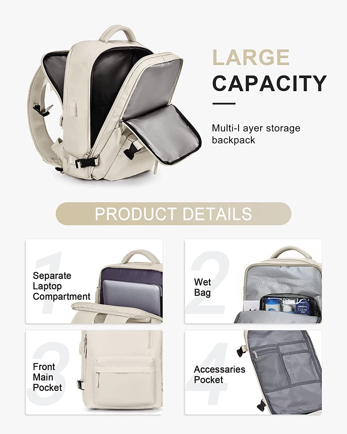 40L Waterproof Travel Backpack with Shoe Compartment & USB Port – 14” Laptop Fit
