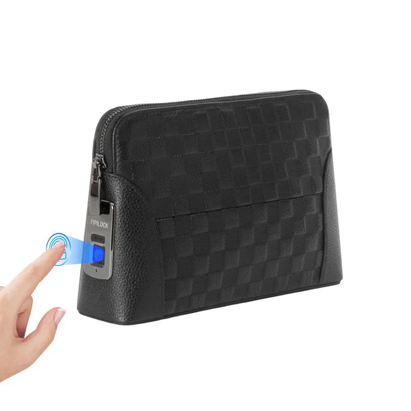 Men’s Leather Handbag with Fingerprint Lock – Anti-Theft Clutch & Wallet