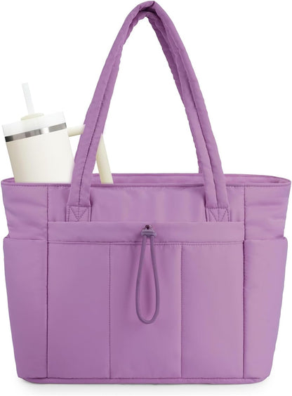 Quilted Puffer Tote with Cup Holder & Laptop Sleeve for Travel and Work
