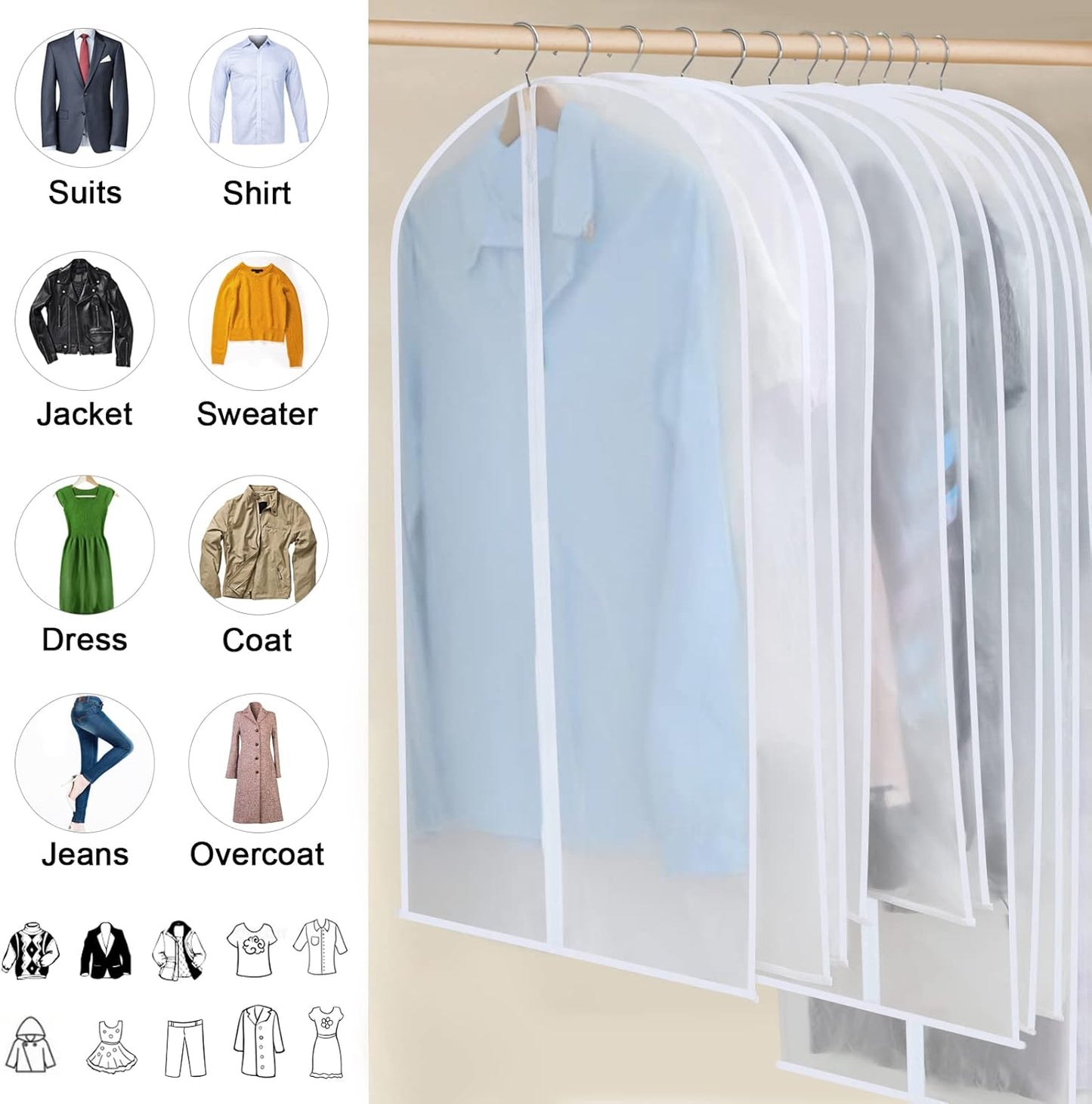 PEVA Garment Cover Set – 12-Pack Hanging Clothes Bags in 3 Sizes (Buy 1, Get 1 FREE)